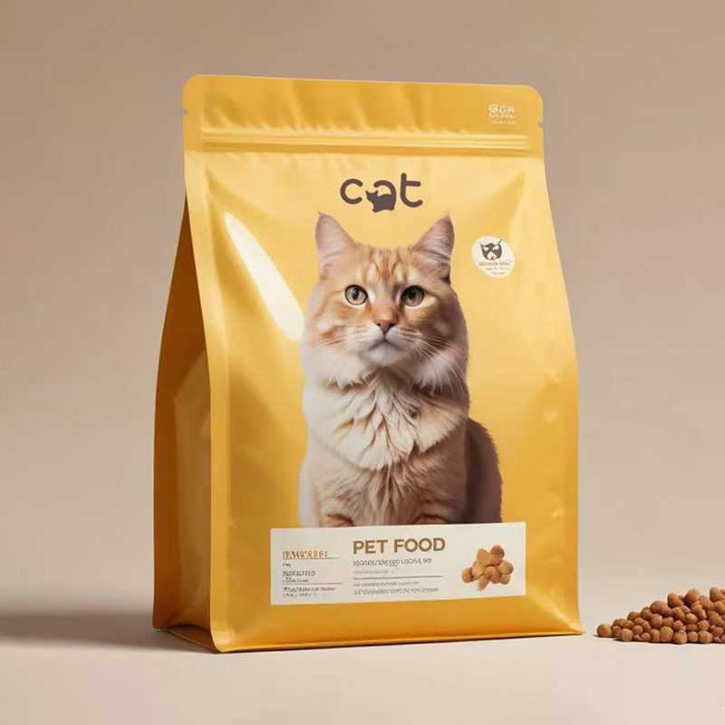 Bolsa de comida para gatos con película de aluminio de fondo plano y comida para mascotas con cremallera ordinaria